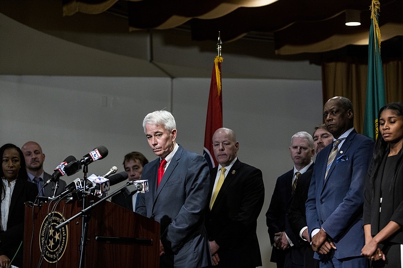 File photo/Brad Vest/The New York Times / Shelby County District Attorney General Steve Mulroy, center left, appears during a news conference updating the public on the investigation into the death of Tyre Nichols, in Memphis, Tenn., on Thursday, Jan. 26, 2023. Nichols was pulled over by the Memphis police on the evening of Jan. 7 and died three days later.