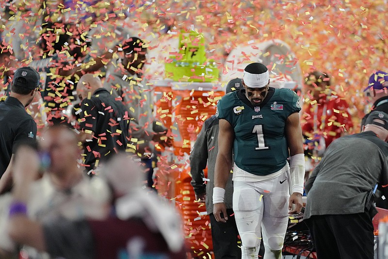 AP photo by Ross D. Franklin / Philadelphia Eagles quarterback Jalen Hurts walks off the field after Sunday's 38-35 loss to the Kansas City Chiefs at Super Bowl LVII in Glendale, Ariz.