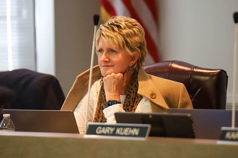 Staff Photo by Olivia Ross / Rhonda Thurman listens to the speakers at a Hamilton County school board meeting on Oct. 20. Thurman drew criticism Wednesday over a Feb. 7 Facebook post in which she made a joke about gang rape.