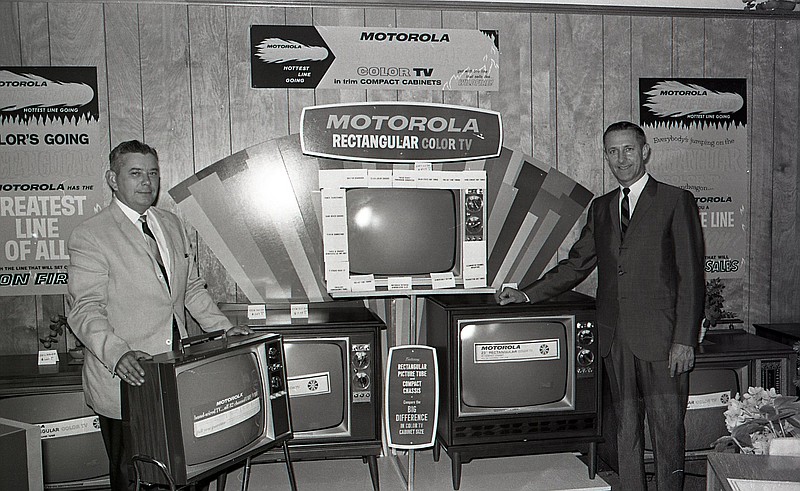 Chattanooga News-Free Press photo via ChattanoogaHistory.com. This 1965 photo shows representatives of Braid Electric Co. showing off Motorola TVs and stereos at the company's St. Elmo Avenue offices.