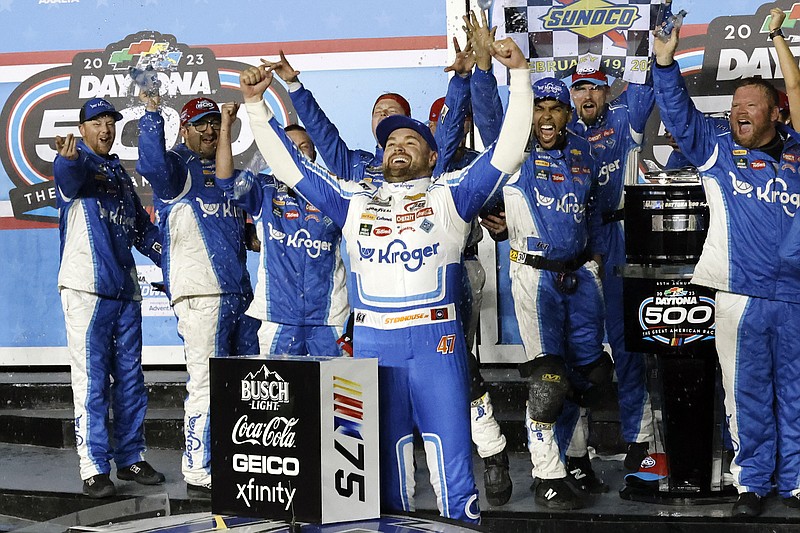 AP photo by Terry Renna / Ricky Stenhouse Jr., center, celebrates in victory lane after winning the Daytona 500 on Sunday to open NASCAR's 2023 Cup Series season. It's the third win of his Cup Series career and the first since 2017, when he won twice.