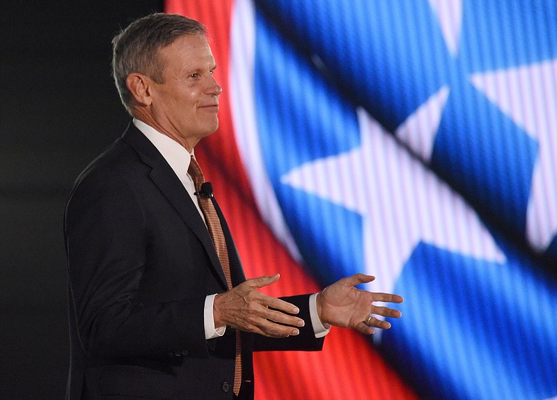 Staff Photo by Matt Hamilton / Tennessee Gov. Bill Lee speaks during the launch celebration for the Volkswagen ID.4 electric SUV at the Chattanooga Volkswagen Assembly Plant on Oct. 14. The ACLU of Tennessee is threatening to sue the state if Lee signs a bill banning most gender-affirming care for minors.