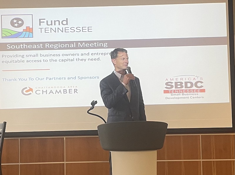 Photo by Dave Flessner / Stuart McWhorter, commissioner of Economic and Community Development for the state of Tennessee, talks Monday at the Chattanooga Business Development Center during an announcement of the new Fund Tennessee initiative to aid small businesses.