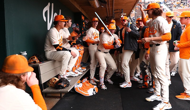 Tennessee Athletics photo / First baseman Blake Burke, shown here as the center of attention in Tennessee's dugout, homered twice Sunday afternoon as the Volunteers blanked Dayton 6-0.