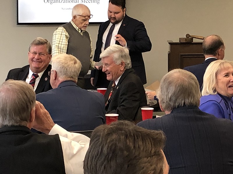 Staff photo by Andy Sher / Republican Sen. Todd Gardenhire of Chattanooga, seated at center, sits with fellow Senate Republican Caucus members on Nov. 15.