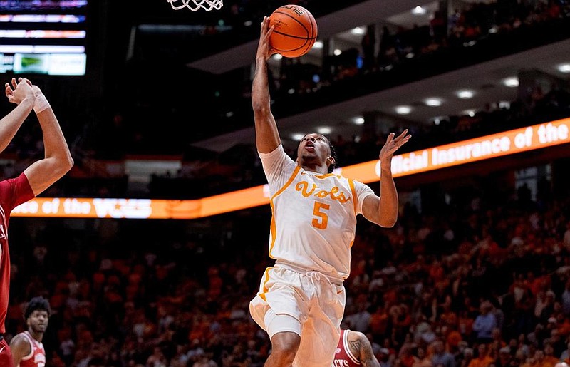 Tennessee Athletics photo / Tennessee sophomore guard Zakai Zeigler scored the first points of Tuesday night's 75-57 thumping of Arkansas with this layup but was lost for the season moments later due to a torn left anterior cruciate ligament.