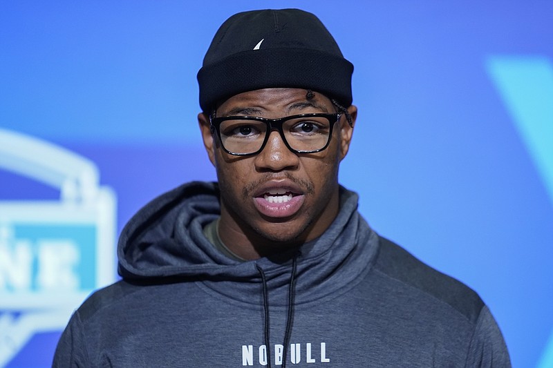 AP photo by Erin Hooley / Former University of Georgia defensive lineman Nolan Smith speaks during a news conference at the NFL combine Wednesday in Indianapolis.