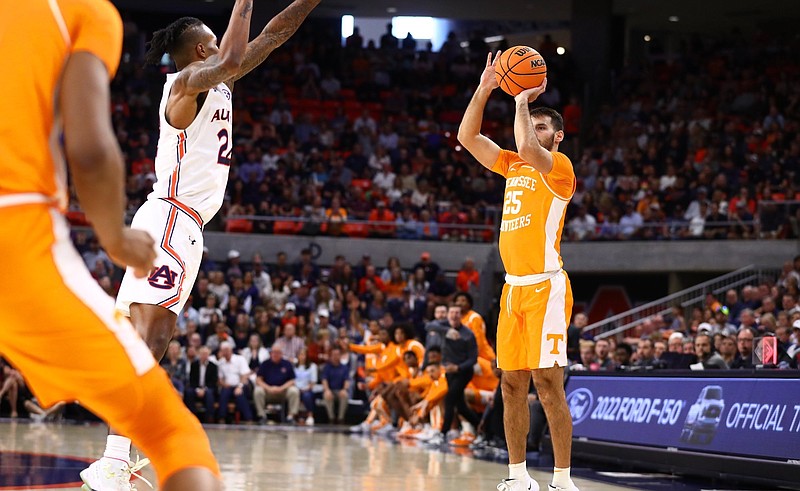 Tennessee Athletics photo / Tennessee senior guard Santiago Vescovi connects on one of his five 3-pointers during Saturday afternoon's 79-70 loss at Auburn. Vescovi finished with 21 points but was held scoreless in the final six minutes.