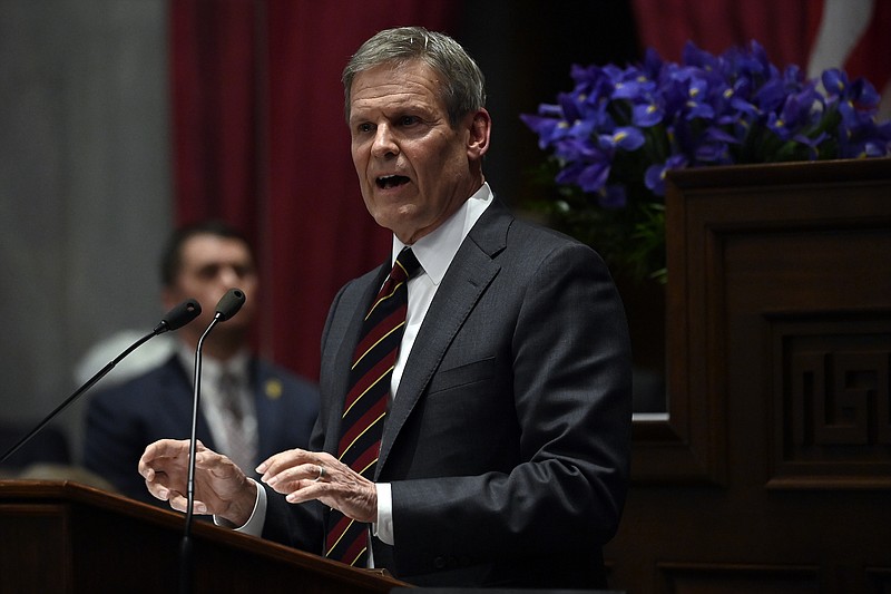 Photo/Mark Zaleski/The Associated Press / Tennessee Gov. Bill Lee, shown here delivering his State of the State Address in the state House chamber on Feb. 6, 2023, in Nashville, Tenn., has drawn criticism for signing a bill that criminalizes “adult cabaret” performances deemed harmful to children.