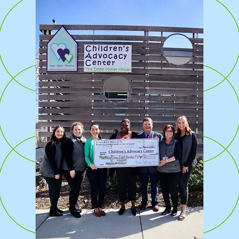 Contributed photo / Members of the Chattanooga chapter of the Americans Inns of Court who recently presented a check to The Children’s Advocacy Center, from left, are Advocacy Center Grants Coordinator Sky Davis; CAC Donor Relations and Events Coordinator Hannah Gunter; Inns of Court board member Crystle Carrion; IOC President Ariel Anthony; IOC Secretary and Past President Magistrate Ron Powers; CAC Director of External Affairs Lisa Moore; and CAC Prevention and Marketing Coordinator Maddy Looney.