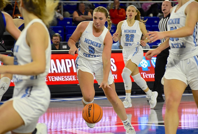 Staff photo by Patrick MacCoon / McMinn Central junior Molly Masingale dribbless in Saturday's Class 2A state championship game against Westview in Murfreesboro, Tenn.