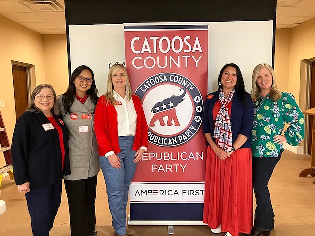 Staff Photo by Andrew Wilkins / Members of the Catoosa County Republican Party executive committee, from left, Sherre Bales, secretary; Ruth Fant, treasurer; Joanna Hildreth, chairwoman; Marie Moore, second vice chairwoman; and Beth Cass, third vice chairwoman. Not pictured is Debbie Morrison, first vice chairwoman.