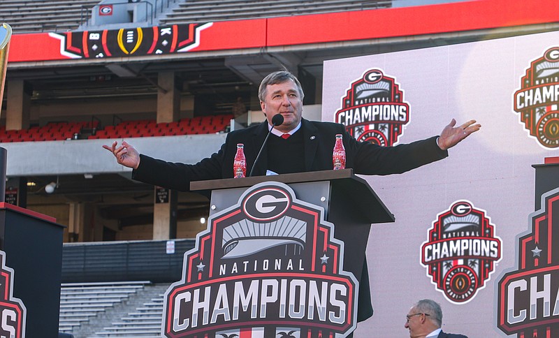 Georgia photo by Kari Hodges / Georgia football coach Kirby Smart speaks during the national championship celebration inside Sanford Stadium on Jan. 14, which transpired several hours before the auto accident that claimed the lives of Bulldogs offensive lineman Devin Willock and athletic department employee Chandler LeCroy.