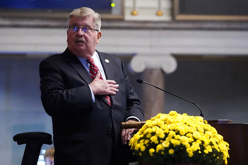 AP photo by Mark Humphrey / Lt. Gov. Randy McNally, R-Oak Ridge, stands for the Pledge of Allegiance during a special session of the Tennessee Senate in 2021, in Nashville, Tenn. A House Republican on Thursday called for McNally to resign after some of his social media posts gained national attention last week.