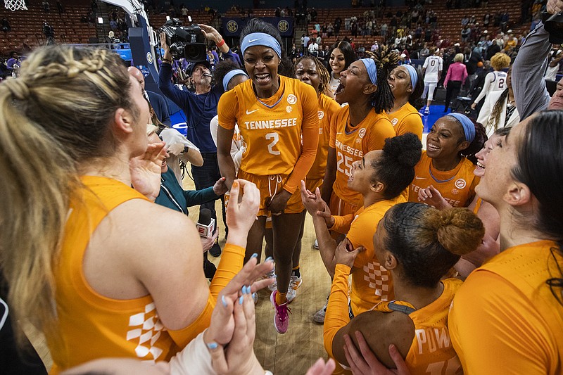 AP photo by Mic Smith / Tennessee players, including Rickea Jackson (2) and Jordan Horston (25), celebrate after the Lady Vols beat LSU in an SEC tournament semifinal on March 4, in Greenville, S.C.