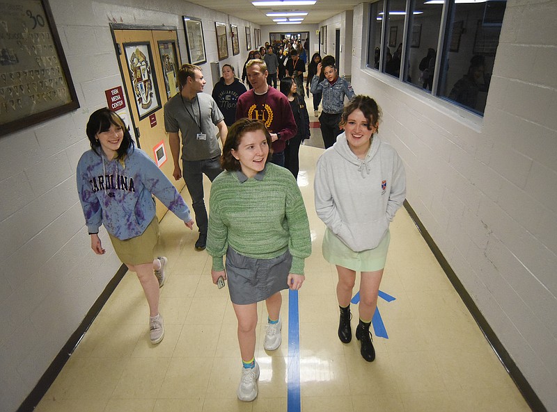 Staff Photo by Matt Hamilton / GPS students, from left, Jack Falco, Caroline Riede and Rebecca Hayslett, all 18, take a tour at The Howard School on Friday. Students from Girls Preparatory School visited Howard for a tour Friday.