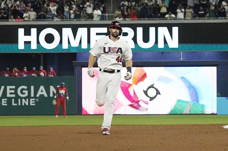 AP photo by Marta Lavandier / Paul Goldschmidt runs the bases after hitting a two-run homer for the United States during the first inning of a World Baseball Classic semifinal against Cuba on Sunday night in Miami.