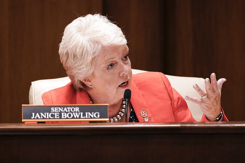 Sen. Janice Bowling, R-Tullahoma, asks a question during a meeting of the Senate Judiciary Committee on Aug. 11, 2020, in Nashville. Bowling's Senate nullification bill failed to get through the Senate State and Local Government Committee on Tuesday. (AP Photo/Mark Humphrey)