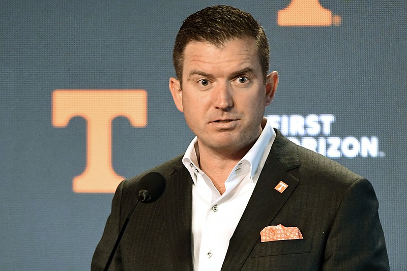 FILE - University of Tennessee's new Director of Athletics Danny White speaks during a press conference in Knoxville, Tenn., Friday, Jan. 22, 2021.  Brothers and fellow athletic directors Danny (UT) and Brian White (FAU) meet on Thursday, March 23, 2023 in a Sweet 16 matchup. (Caitie McMekin/Knoxville News Sentinel via AP, Pool, File)