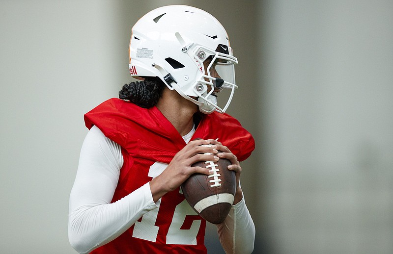 Tennessee Athletics photo by Kate Luffman / Tennessee five-star freshman quarterback Nico Iamaleava goes through Monday's opening day of spring practice inside the Anderson Training Center.