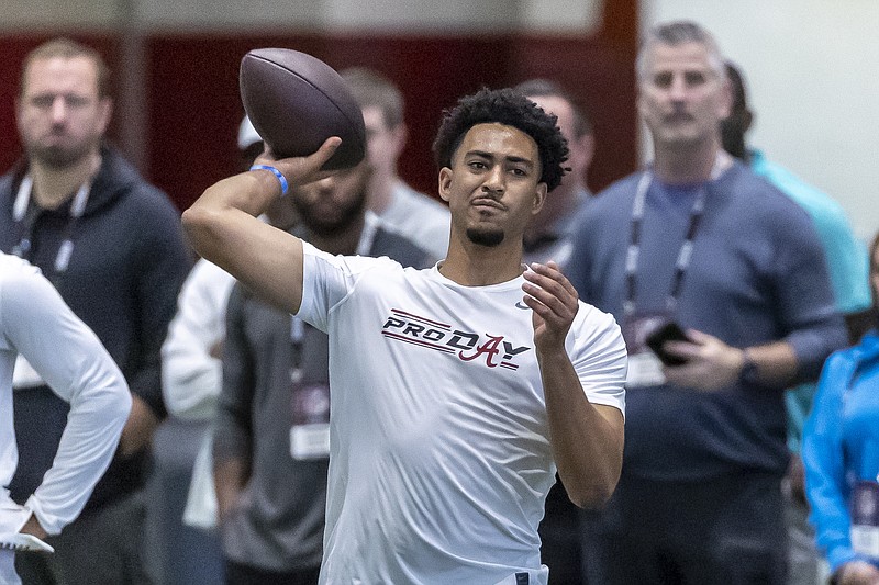 AP photo by Vasha Hunt / NFL prospect Bryce Young throws during Alabama's pro day Thursday in Tuscaloosa.