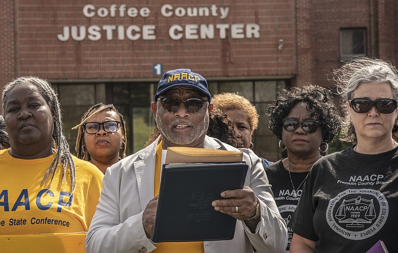 John Partipillo / Tennessee Lookout / Thomas Savage, vice president of the Tennessee Conference of the NAACP, speaks at a news conference to demand that the state Department of Children's Services release the five young children of Bianca Claiborne and Deonte Williams, taken from their parents after a misdemeanor traffic stop in Coffee County.