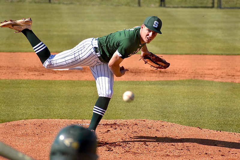 Staff photo by Patrick MacCoon / Silverdale Baptist senior pitcher Turner Junkins struck out 13 in a complete game three-hit shutout over Notre Dame on Monday.