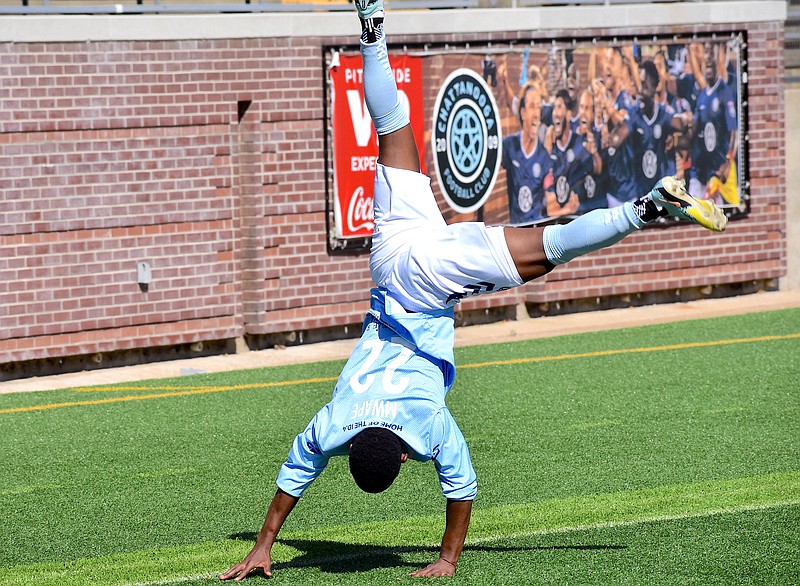 Staff photo by Patrick MacCoon / Chattanooga's Mutaya Mwape celebrates after scoring his second goal in Saturday's home win against Gold Star FC Detroit.