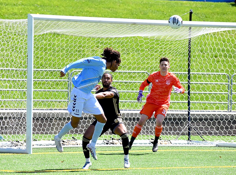 Staff photo by Patrick MacCoon / Chattanooga FC forward Taylor Gray picked up an assist off a header in the first half of Wednesday's 4-1 road win over the Des Moines Menace in the second round of the U.S. Open Cup.