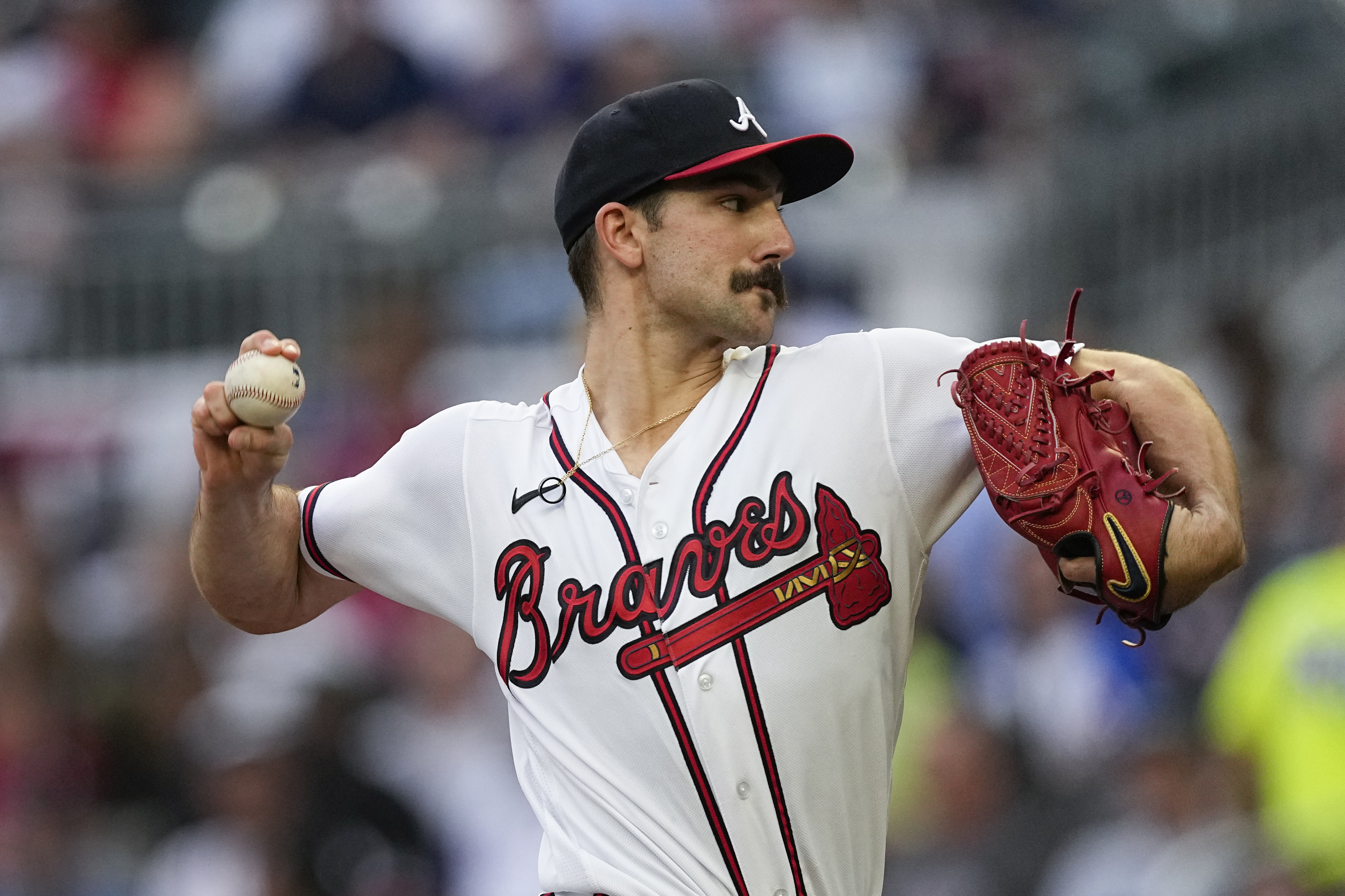 April 06, 2023: Atlanta Braves pitcher A.J. Minter delivers a pitch during  the ninth inning of a MLB game against the San Diego Padres at Truist Park  in Atlanta, GA. Austin McAfee/CSM(Credit