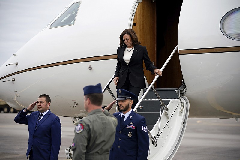 Vice President Kamala Harris arrives at Berry Field Air National Guard Base before meeting with Tennessee legislators at Fisk University in Nashville, Tenn., on Friday, April 7, 2023. (Andrew Nelles/The Tennessean via AP)