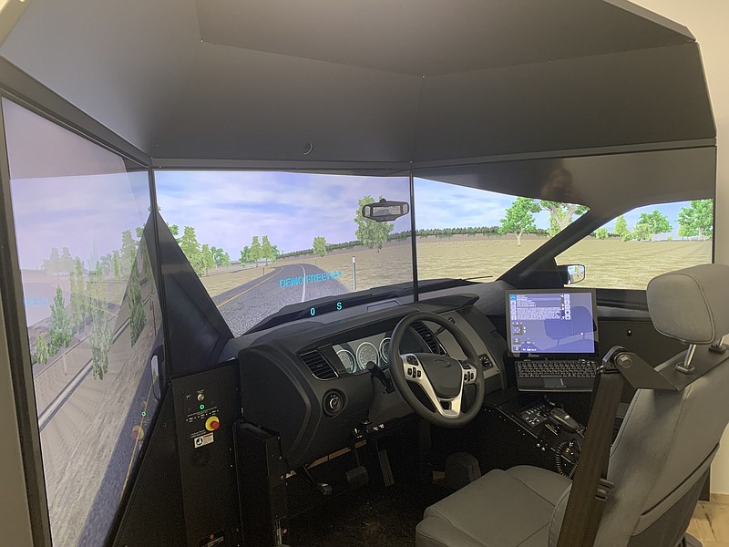 Staff photo by Ellen Gerst / The Chattanooga Police Department's new L3Harris PatrolSim driving simulator, seen Feb. 13, replicates the interior of a patrol car.