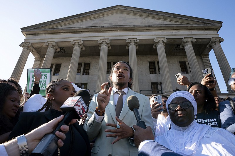 Photo/George Walker IV / The Associated Press / State Rep. Justin Jones, D-Nashville, delivers remarks outside the state Capitol on Monday, April 10, 2023, in Nashville, Tenn. Jones, who was expelled last week from the GOP-led Tennessee House over his role in a gun-control protest on the House floor, was reinstated Monday after Nashvilles governing council voted to send him straight back to the Legislature.