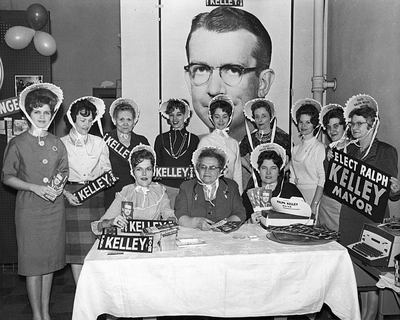 Chattanooga News-Free Press archive photo by Bob Sherrill via ChattanoogaHistory,com / These women were volunteers in Ralph Kelleys 1963 Chattanooga mayoral campaign. Kelley, a then-34-year-old attorney, defeated incumbent mayor P.R. "Rudy" Olgiati in the election that year.