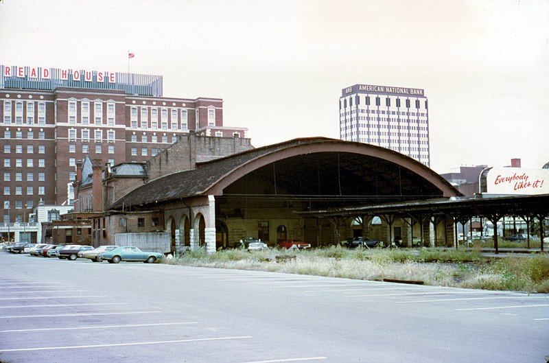 Photo by Hugh J. Moore Jr. via ChattanoogaHistory.com. / This photo of the old Union Depot, with the Read House in the background, was taken in the early 1970s before the train property was leveled to make way for office buildings on Ninth Street (now M.L. King Boulevard).