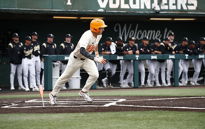 Tennessee Athletics photo / Tennessee's Zane Denton singles home Griffin Merritt to give the Volunteers a 9-0 lead during the fifth inning of Sunday's series finale against No. 4 Vanderbilt. Denton's hit provided the Vols their largest advantage in the 10-5 victory.