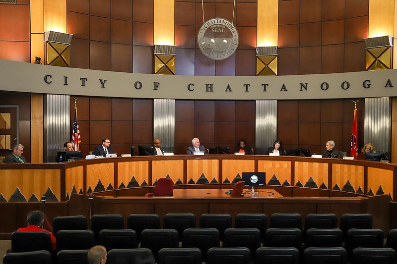 Staff Photo by Olivia Ross / The Chattanooga City Council meets Tuesday. The council Tuesday approved repurposing funds that were originally set aside by former Mayor Andy Berkes administration to convert a hotel into an emergency shelter.