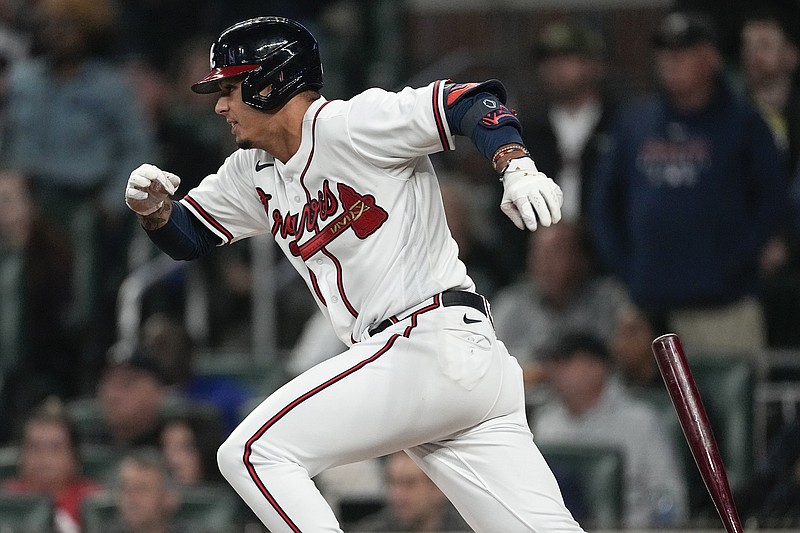 AP photo by John Bazemore / Vaughn Grissom runs to first base after hitting an RBI single during the eighth inning of the Atlanta Braves' comeback win against the visiting Miami Marlins on Wednesday night.