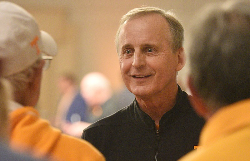 Staff photo by Matt Hamilton / Tennessee men's basketball coach Rick Barnes talks to Volunteers fans during Monday night's Big Orange Caravan event at the Chattanooga Convention Center.