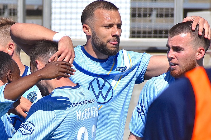 Staff file photo by Patrick MacCoon / Back-line defender Anatolie Prepelita, center, has been stellar so far in his first season with Chattanooga FC, which has not allowed a goal through its first four National Independent Soccer Association matches this spring and sits atop the league standings at 3-0-1.