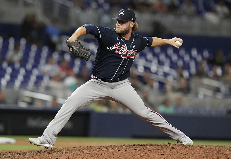 AP photo by Marta Lavandier / Atlanta Braves reliever A.J. Minter pitches in the ninth inning of Thursday's 6-3 win against the host Miami Marlins. Minter got his seventh save in nine chances this season, and the Braves finished off a three-game sweep.