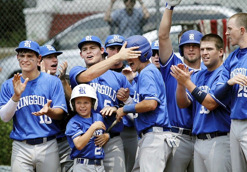 Columbus Ledger-Enquirer photo by Robin Trimarchi / Ringgold players erupt after Matthew Crownover's home run drove in Zach Lance, center, during the Tigers' 8-2 win over Columbus in the opening game of a GHSA playoff series in May 2011. It's the only win in seven postseason games versus the Blue Devils for the Tigers.
