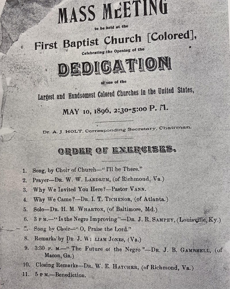Contributed photo / This is the program announcing the opening and dedication of First Baptist Church in Chattanooga.