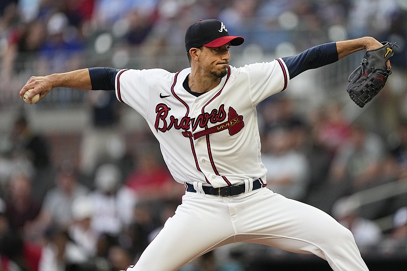 Atlanta Braves starting pitcher Charlie Morton (50) delivers in the first inning of a baseball game against the Boston Red Sox Tuesday, May 9, 2023 in Atlanta. (AP Photo/John Bazemore)