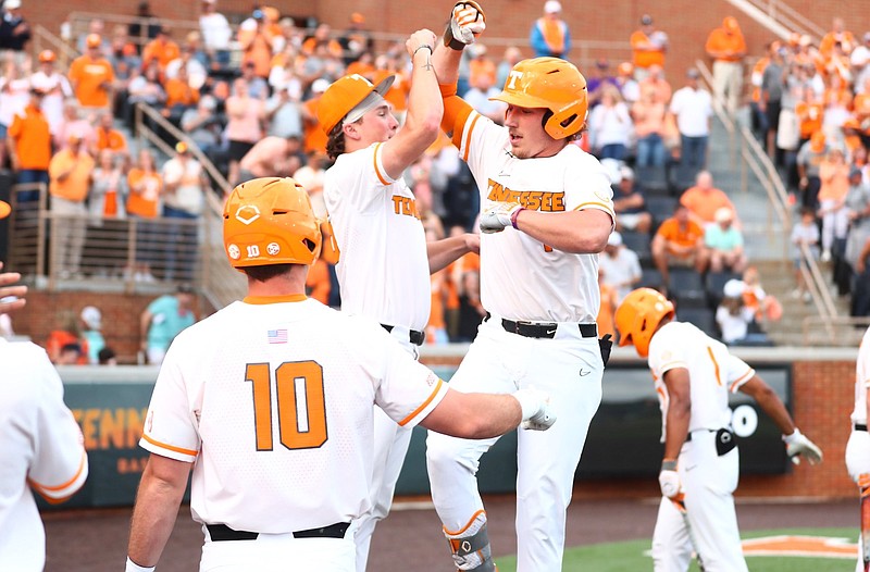 Tennessee Athletics photo / Jared Dickey celebrates his home run during Tennessee's seven-run third inning in Friday night's 10-6 victory over Kentucky in Lindsey Nelson Stadium.