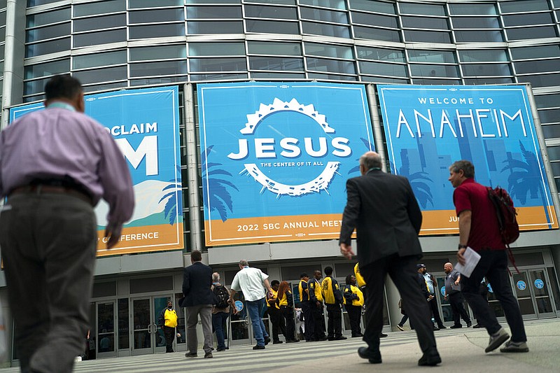Attendees arrive at the Southern Baptist Convention's annual meeting in Anaheim, Calif., in 2022. The denomination lost nearly half a million members last year. (AP Photo/Jae C. Hong)