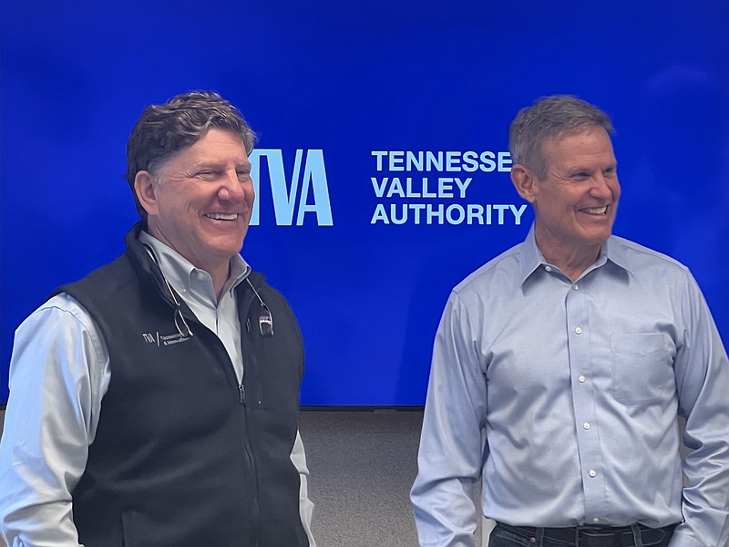 Staff Photo by Dave Flessner / TVA President Jeff Lyash, left, and Tennessee Gov. BIll Lee are all smiles during a visit in March to the Clinch River site where TVA plans to build four small modular reactors.