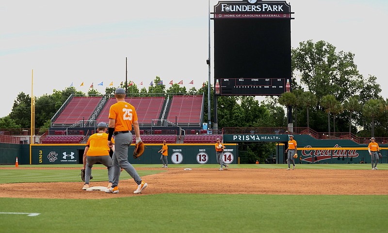 Tennessee Athletics photo / Tennessee baseball players go through a Wednesday practice at South Carolina. Thursday night's series opener was rained out, so the No. 18 Volunteers and No. 13 Gamecocks will play two nine-inning games Friday.