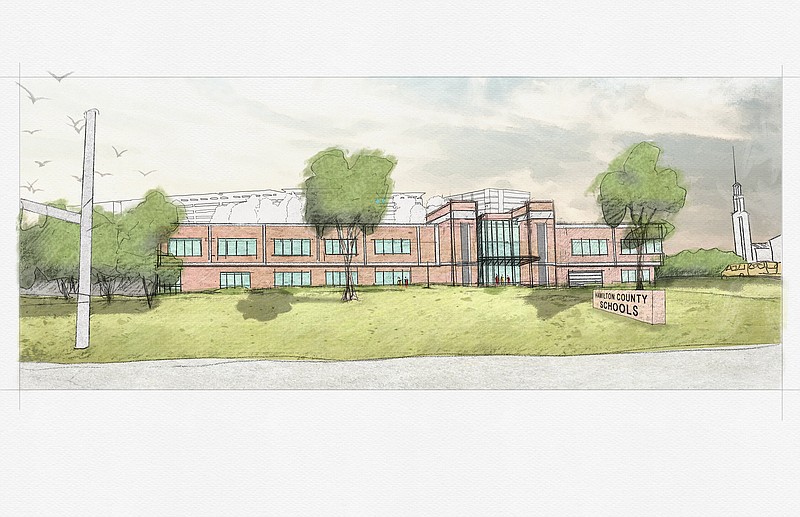 Contributed Rendering / A rendering by Heidi Hefferlin, of HK Architects, shows a potential state-of-the-art public school that Hamilton County leaders hope to place on the 11-acre Golden Gateway site owned by BlueCross BlueShield. The county intends to make an offer on the parcel.