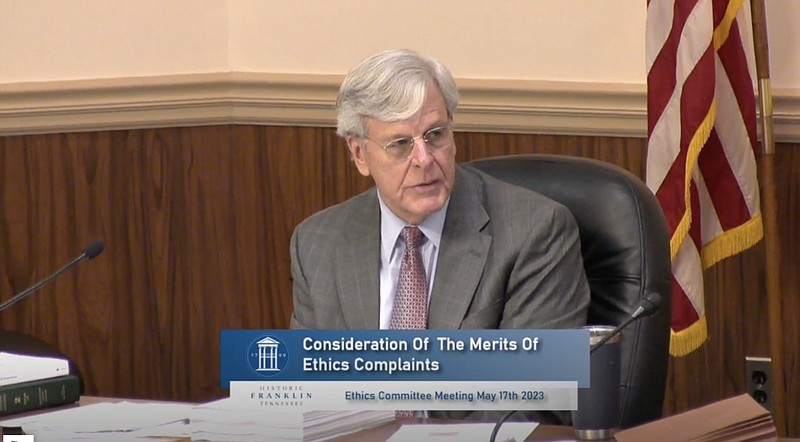 Franklin Ethics Commission Chairman Jim Martin is seen Wednesday in a screenshot of the livestreamed Ethics Committee meeting. / Tennessee Lookout